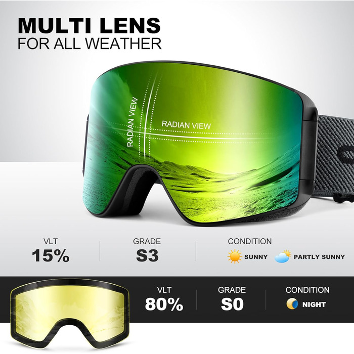 Одаленд Скі-маска для жінок та чоловіків, дітей. Снігові окуляри з антитуманним покриттям, захистом від УФ-випромінювання, магнітними змінними лінзами. Сумісні з шоломом для сноубордингу та катання на лижах. Чорний колір. VLT 8.8% (золоті лінзи — VLT 15%)