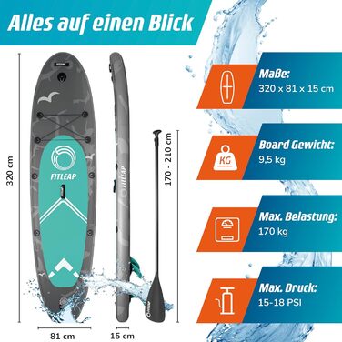 Надувний SUP-борд Fitleap Premium Stand Up Paddle Board - комплект з насосом, веслом та рюкзаком. Ідеально для початківців та професіоналів, для йоги, серфінгу та водного спорту (сірий, 2 особи)