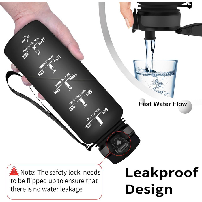 Спортивна пляшка для води Grsta 1,5 л, BPA Free, з фільтром, для газованої води, герметична, з таймерами, для спортзалу, школи, офісу та активного відпочинку, чорна