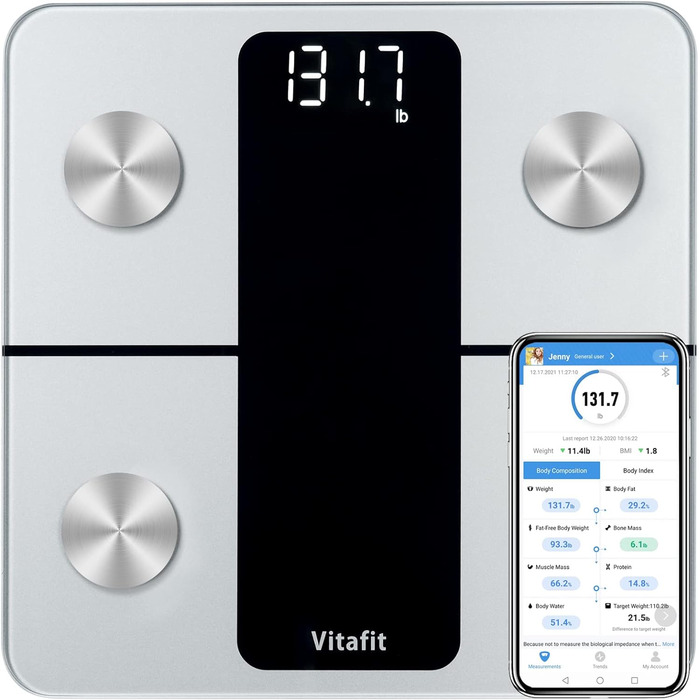 Ваги для вимірювання жиру та м'язової маси Vitafit з Bluetooth, аналіз складу тіла, додатком, індексом маси тіла, білками, BMR, сріблясті