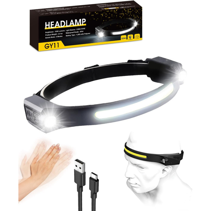 Ліхтар на голову LED акумуляторний, 1200 люмен, сенсор, 2 прожектори, COB, 5 режимів, 12 годин роботи, IPX4, для бігу, кемпінгу, чорний