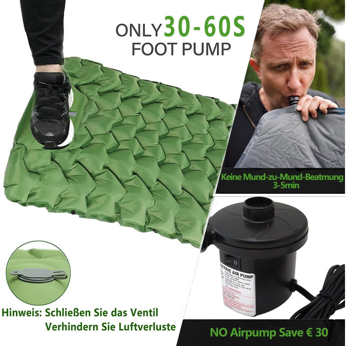 TENQUAN Килимок для кемпінгу самонадувний, 9см, для сну, відпочинку, подорожей, з насосом, для авто, намету, трекінгу, пляжу (Pfauen/Grau) (Grün)