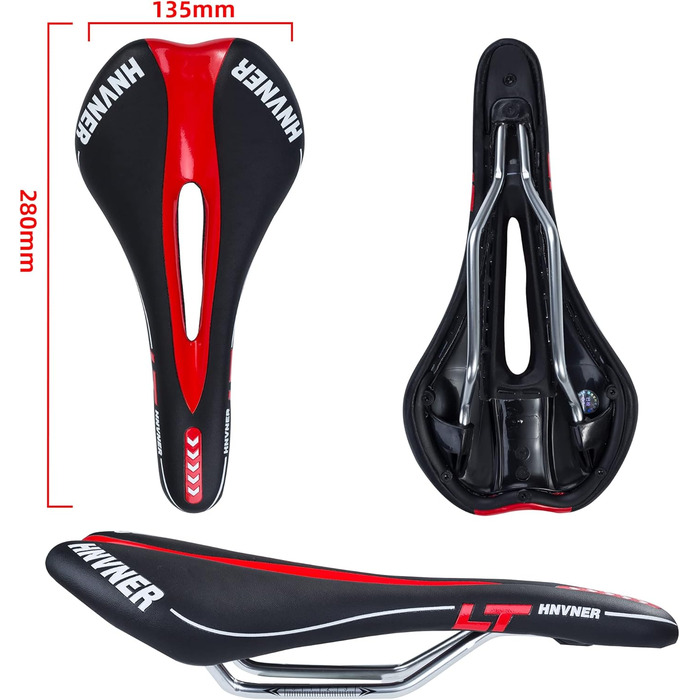 Комфортне сідло для велосипеда: ергономічне, з вирізом, 280x140x55 мм, чорно-червоне, для міських велосипедів, шосе, MTB