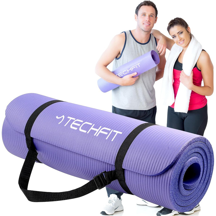 Йога мат TechFit з неслизькою поверхнею - для фітнесу, дому, пілатесу, кемпінгу, аеробіки (фіолетовий, 10 мм)