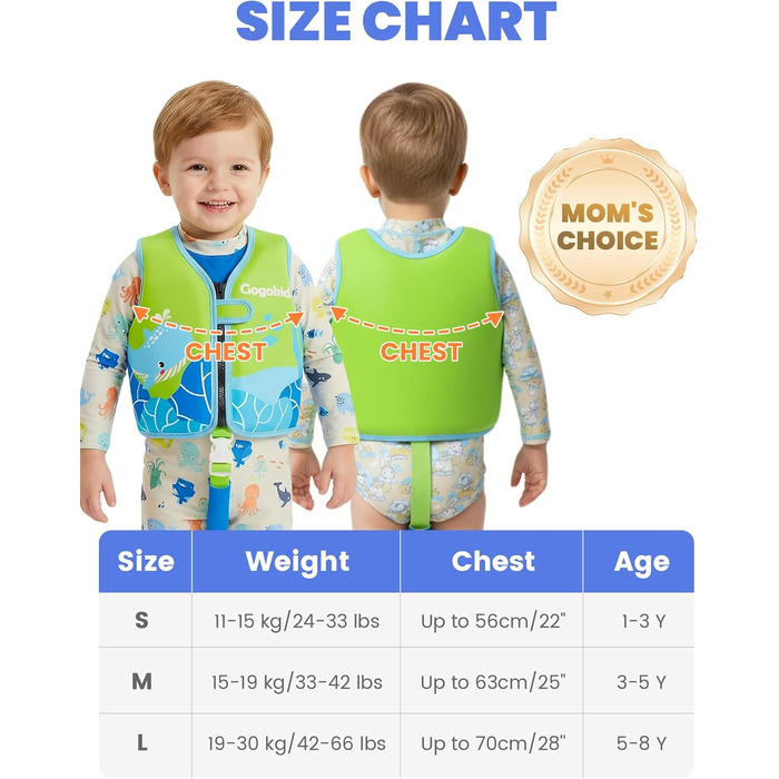 Дитячий жилет для плавання Gogokids 15-30 кг, для навчання плаванню, 1-8 років, зелений S (1-3 роки)