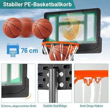 Стенд для баскетболу COSTWAY, регульована висота 90-210 см, з корзиною та колесами, мобільний, для дітей та юнаків, стійкий до погодних умов, для використання в приміщенні та на вулиці (зелений)