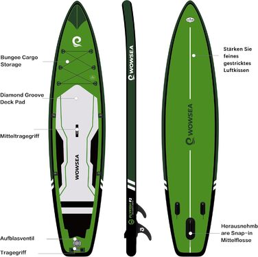 WOWSEA SUP дошка надувна гоночна 426/385 см, з кріпленням для екшн-камери, зелена - для змагань та відпочинку