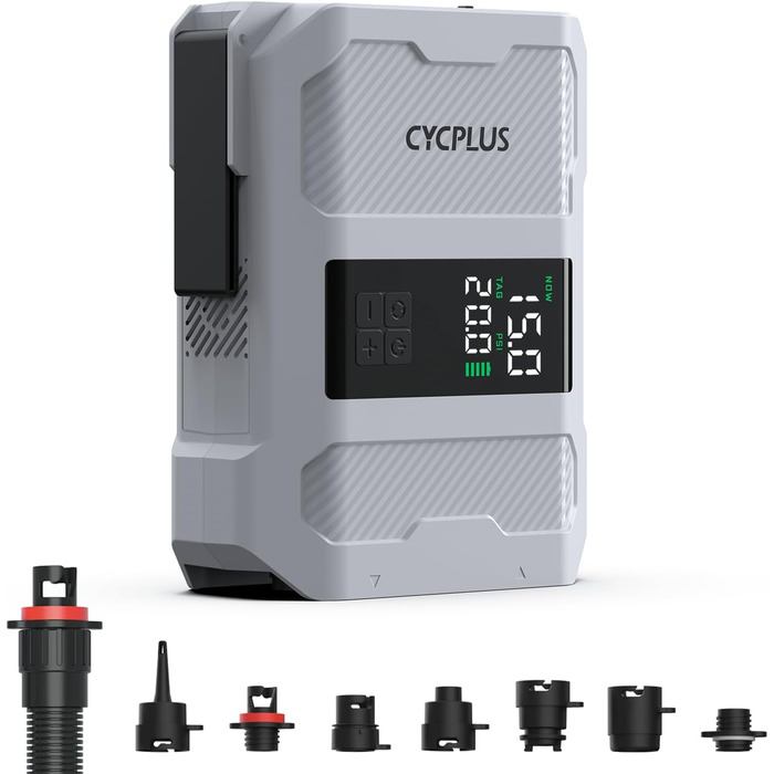 Електрична насосна станція CYCPLUS 20PSI для SUP-дошок, човнів, наметів і матраців – розумна швидка накачка, автоматичне вимкнення, подвійний LED-дисплей, акумуляторна