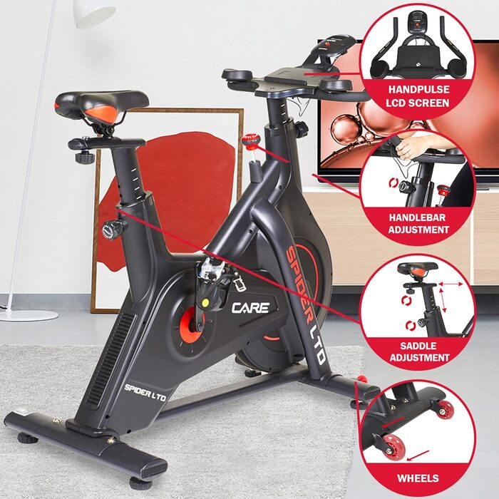 Велотренажер Care Fitness Spider LTD з Bluetooth, магнітним гальмом, ремінним приводом, 15 кг маховиком, програмами Kinomap