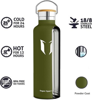 Термос-бутилка Super Sparrow 1000 мл з нержавіючої сталі, герметична, BPA-free, для газованої води, спорту, дітей, школи, фітнесу, кемпінгу