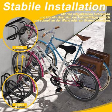 Стійка для велосипедів HENGMEI на 6 велосипедів, сталева, чорна. Підходить для шин шириною 30-65 мм. Настінний/підлоговий монтаж.