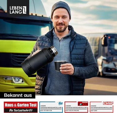 Термос LEBENLANG 2,5 літра з чашкою, ситом для чаю та ремінцем - термофляга з нержавіючої сталі, ізотермос, 1500 мл
