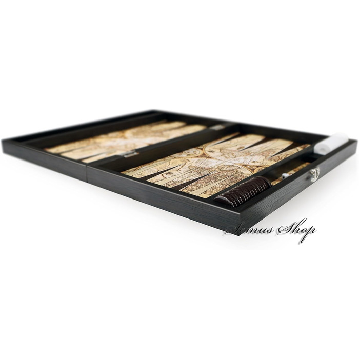 Набір для гри в нарди Trendy Antique Map XXL з картографічним дизайном, розкладне поле з екошкіри, 49 x 30 x 6 см, з 30 шашками та 2 кубиках – турецька якість