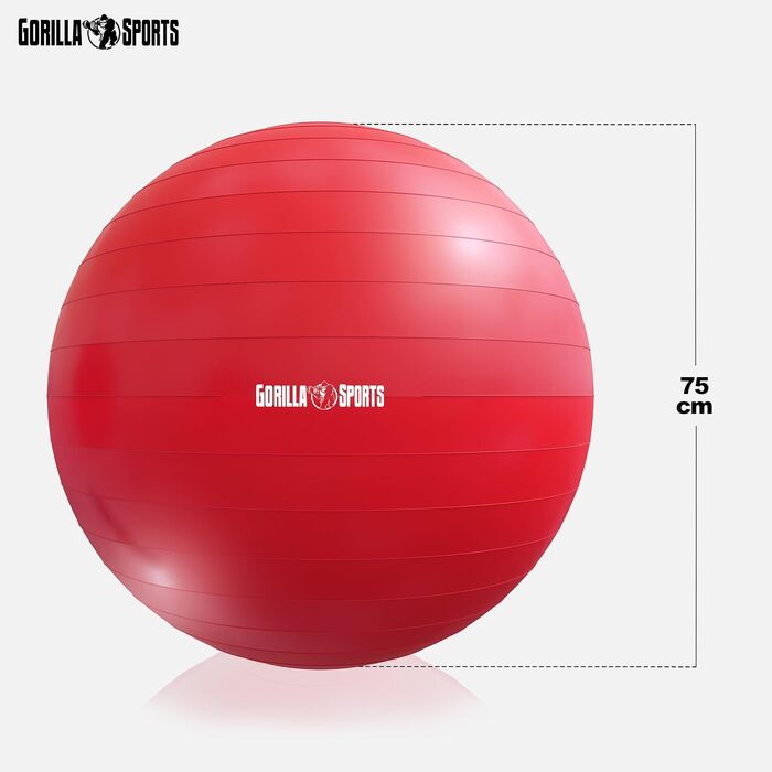 Фітбол GORILLA SPORTS 75 см червоний, анти-вибуховий, до 500 кг, з насосом, для йоги, фітнесу, офісу
