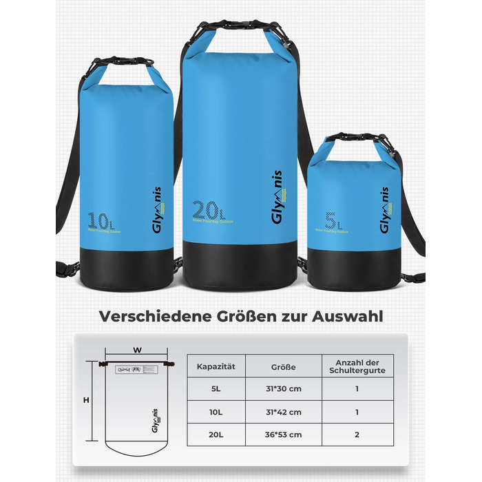 Водонепроникний мішок Glymnis Dry Bag 10L/20L: Сумка для водного спорту, пляжу, кемпінгу (Блакитний)