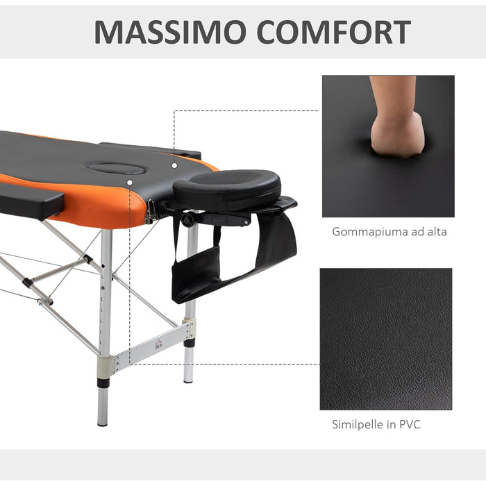 HOMCOM Складаний масажний стіл з алюмінію, з підголовником та сумкою для перенесення, до 225 кг - 215 x 60 см