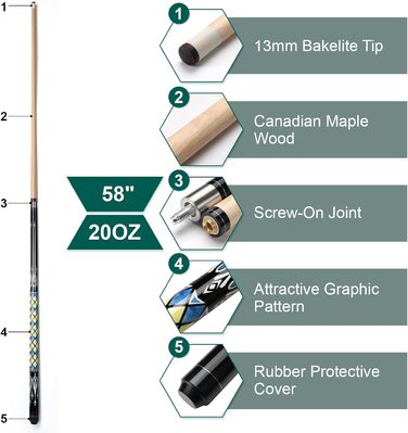 ASMPCUE Більярдний кий 58'' 20oz з чохлом з PU шкіри, канадський клен, 13mm наконечники, для професійних гравців, жовтий