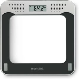 Medisana PS 425 — розмовна електронна вага з скла, чорна/сіра, точна цифрова вага на 180 кг, 4 мови, автоматичне вимкнення