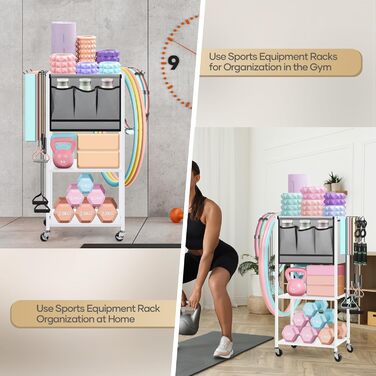 Стойка для гантелей для дому, багаторівнева полиця для зберігання, органайзер для йога-килимка та фасційного ролика, аксесуари для тренувань з роликами та гачками, білий