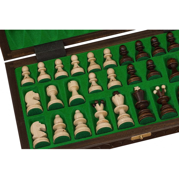 Шахи Sunrise Chess & Games Schachperle середні, традиційні польські фігури, випалене та розписане вручну шахове поле, дерев'яна шкатулка з відділеннями, коричневі