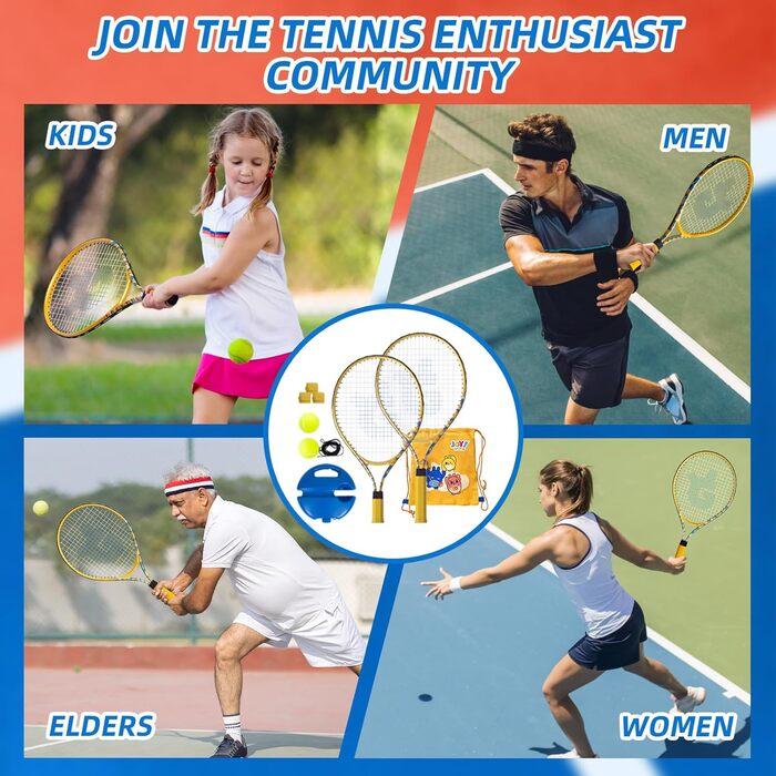 Набір для гри в теніс JOY SPOT: 2 ракетки, м'яч для відбивання, тенісні м'ячі зі шнуром та сумка для початківців, дітей та дорослих, тренувальний інвентар для ігор на вулиці та в саду