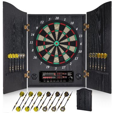 Електронний дартс Dartscheibe з шафою та 12 дротиками: Професійний E-дартс з дерев'яними дверцятами (Чорний)