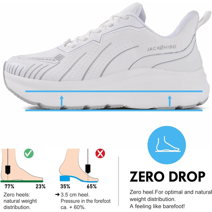 Чоловічі кросівки JACKSHIBO з широкою передньою частиною та підтримкою склепіння стопи. Підходять для бігу, ходьби, тенісу та занять спортом. Ортопедичне взуття для плоскостопості, без каблука, з товстою підошвою. Розмір 42.5 EU, білий колір.