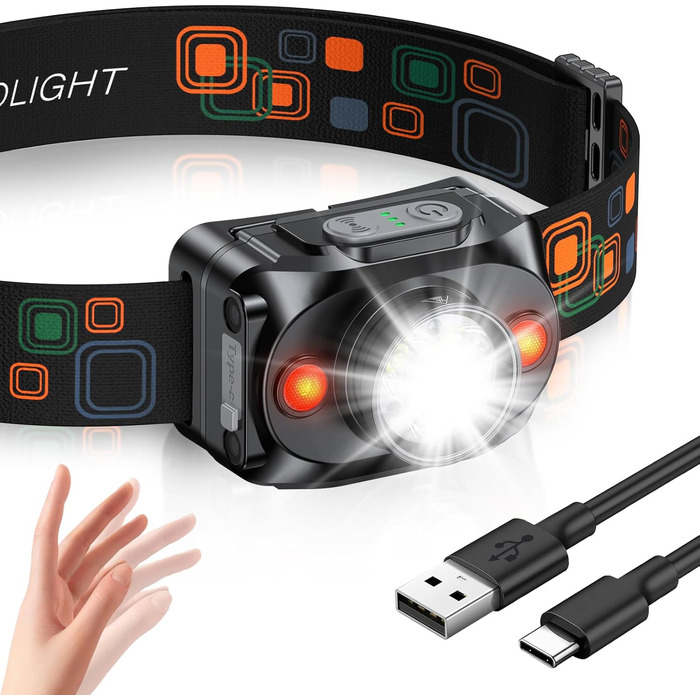 LED налобний ліхтар з акумулятором, [надзвичайно яскравий] з датчиком та червоним світлом, 6 режимів освітлення & IPX4 водонепроникність, 2000mAh, тривалий час роботи, для кемпінгу, риболовлі, походів, нічного бігу