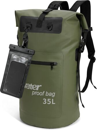 Водонепроникний рюкзак WELDUN 35L/50L Rolltop Dry Bag з IPX8 чохлом для телефону, для каякінгу, кану, кемпінгу, трекінгу, піших прогулянок, вітрильного спорту та інших водних видів спорту. Зелений колір.