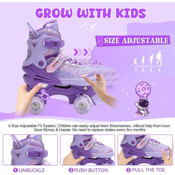 Дитячі ролики для дівчаток з регулюванням розміру, світловідбиваючі, з підсвічуванням коліс, для початківців, фіолетові (EU28-31)