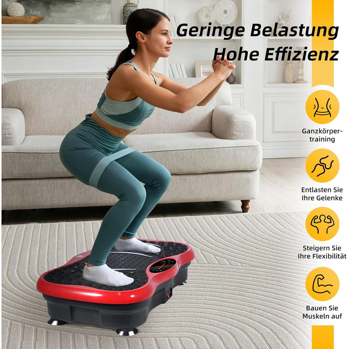 Вібраційна платформа EVOLAND з 5 програмами тренувань, Bluetooth, стрічки опору для всього тіла - червона