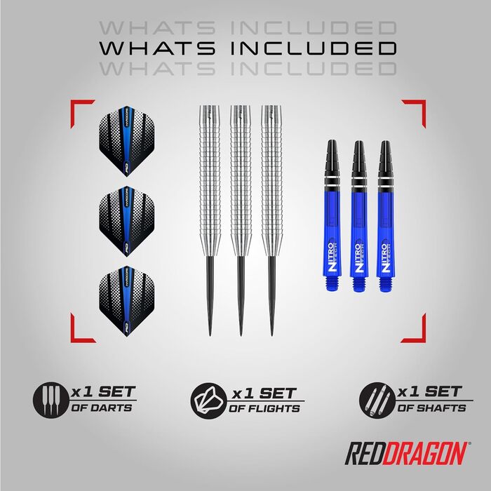 Професійні дартси Red Dragon Razor Edge, вольфрамові, 65 г, сталевий наконечник, сріблясті, з оперенням і шафтами
