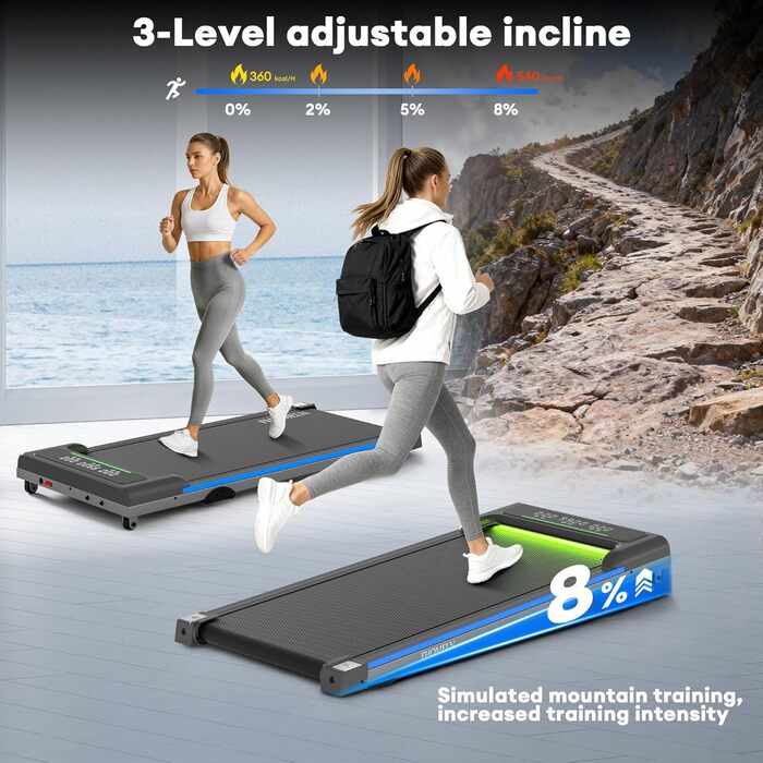 ONETWOFIT Ходунковий тренажер для дому з ручками, столик для бігу, тиха модель з нахилом та пультом керування, керування через додаток, 2.5HP, складаний біговий тренажер 12km/h з RGB-підсвічуванням