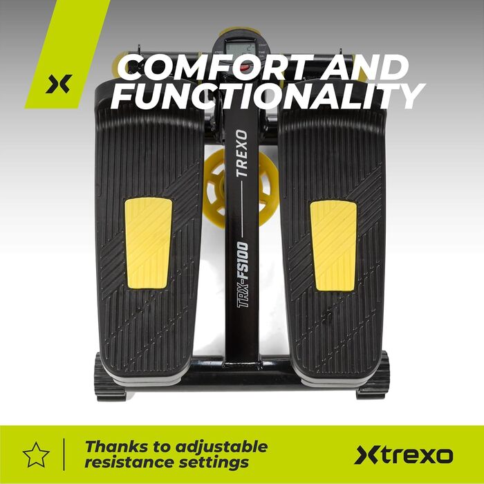 XTREXO Степер для дому FS100 | Регульована висота педалей та опір, дисплей, навантаження до 100 кг, чорний/жовтий | Hometrainer для кардіотренувань