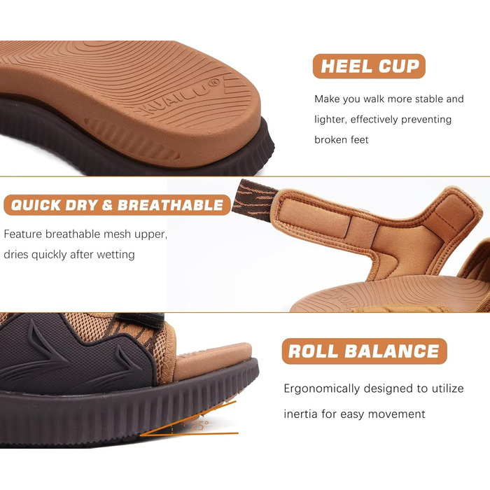 Чоловічі трекінгові сандалії KuaiLu: зручні, ортопедичні, для підтримки стопи при фасціїтусі, для активного відпочинку, літні, легкі, з відкритими пальцями, з регульованою застібкою-липучкою, розмір 48 EU, хакі-коричневі