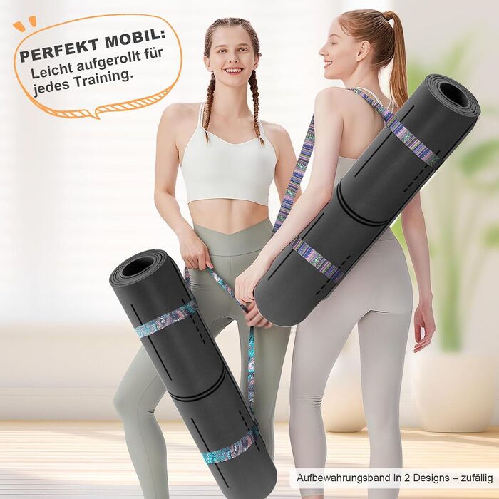 Протиковзкий килимок для йоги, пілатесу та фітнесу з еко-натурального каучуку та TPE, з лініями розмітки та ременем для перенесення, темно-сірий, 4 мм