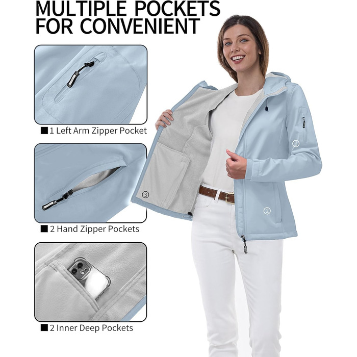 Жіноча мембранна куртка Outdoor Ventures Softshell: водонепроникна, дихаюча та вітрозахисна функціональна куртка з капюшоном для демісезону, небесно-блакитна, 4XL