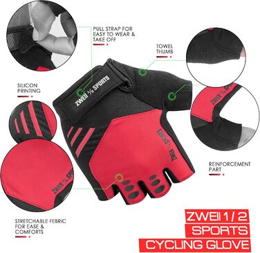 Чоловічі велосипедні рукавички напівпальці, дихаючі, для відпочинку та спорту, з гелевою підкладкою, антиковзаючі, для активного відпочинку та тренувань, зелені (XL, червоні)