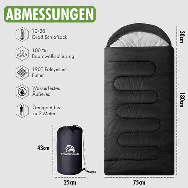 Спальний мішок 210 x 75 см - ковдровий, 3-4 сезони, для кемпінгу, подорожей, туризму. Чорний.