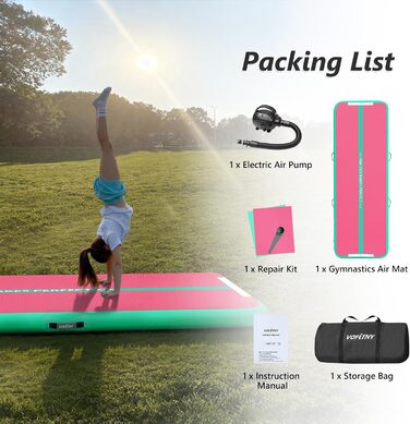 Гімнастичний надувний мат VOFiTNY товщиною 10/20 см для дому, парку, води. Розміри: 3/4/5/6 м. Рожевий/зелений колір.