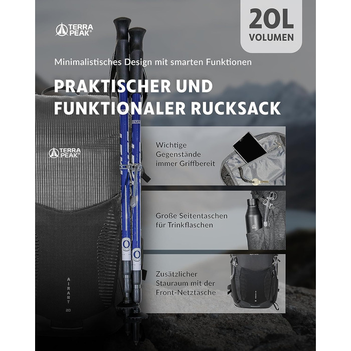 Рюкзак Terra Peak для походів 20 л, чорний, вентильована спинка, тримач для питної системи, дощовик, з поясом на стегнах, для одноденних турів, міський та трекінговий рюкзак