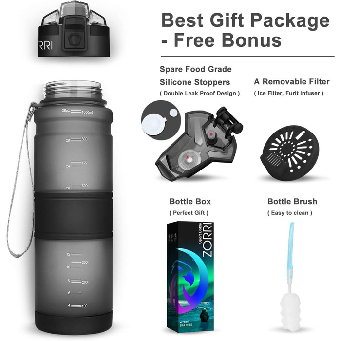 Спортивна пляшка ZORRI 700 мл, 1 л, 500 мл, 400 мл - BPA Free, для води, з содовою, без витоку, еко-пляшка для дітей, школи, спортзалу, фітнесу, велосипеда, сіра