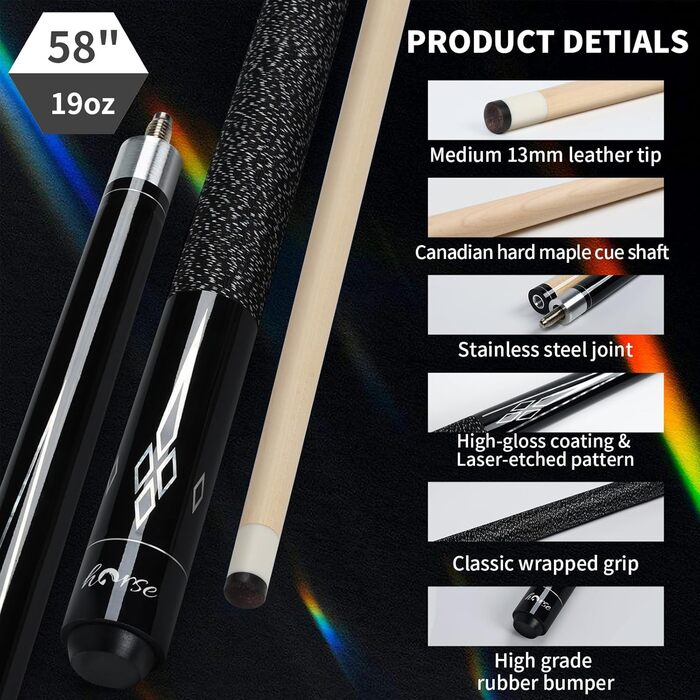 Більярдний кий Horse Billiard з наконечниками 13 мм, 147 см, 2 рукавички та крейда, для дорослих, акорн/осін