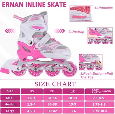 Дитячі ролики Ernan Verstebar - міцні ролики для дівчаток, хлопчиків та дітей різного віку. Розміри 4. Підходять для використання в приміщенні та на вулиці (рожевий, M)