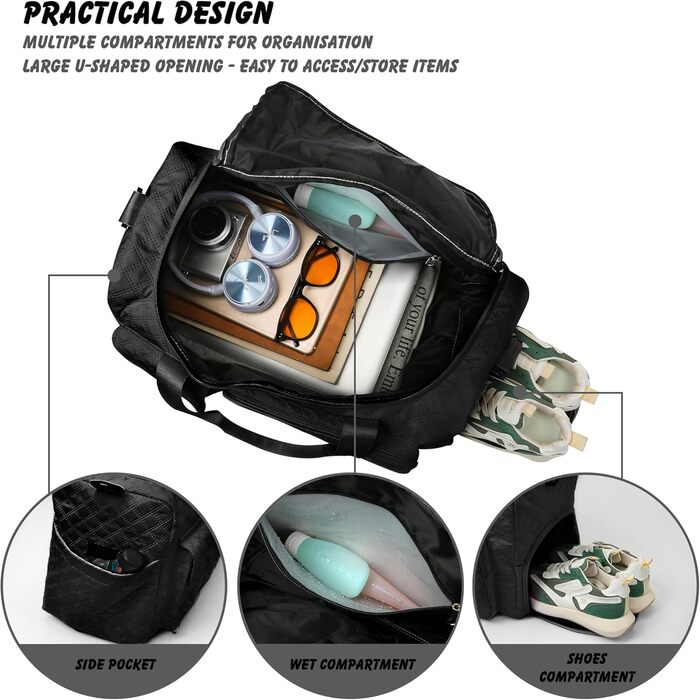 Спортивна сумка для подорожей з відділенням для взуття та вологих речей, водонепроникна сумка-вікенд для йоги, плавання та залу, унісекс (Чорна)