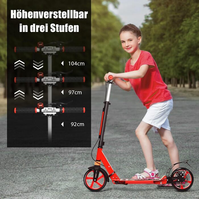 GOPLUS Ролер Кіндер 8 років, міський ролер для дітей, підлітків та дорослих до 100 кг, 3-рівневий регульований ролер, складаний самокат з колесами 200 мм, гальмо на задньому колесі та ремінь (Червоний)