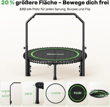 Міні-батут BCAN для дорослих, 102/122 см, до 204/250 кг, з бунжеєвими тросами, регульованою ручкою, стабільний, тихий, для дому та вулиці, тренування всього тіла, релаксація