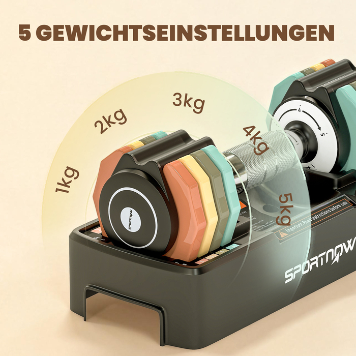 Регульований набір гантелей, гантелі від 1 до 5 кг з швидкою зміною ваги та підставкою, неслизькі ручки, компактне зберігання