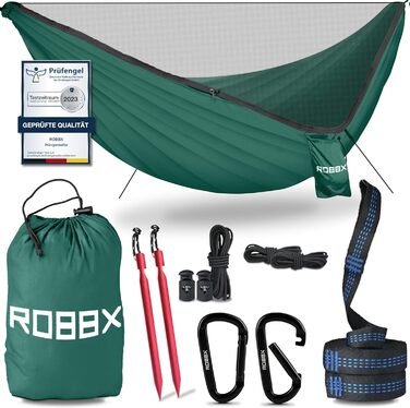 Гамак для відпочинку на відкритому повітрі ROBBX® з москітною сіткою на 2 особи | 300 кг | Подвійний гамак з комплектом кріплення | Нейлон, для кемпінгу та подорожей | 290x140 см (Зелений)