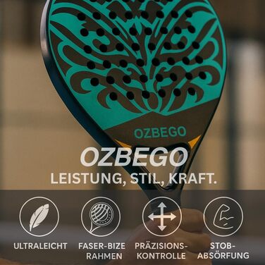 Набір для падел-тенісу Ozbego: повний карбон, сумка, 2 овергрипи, бандаж на зап'ястя, захисна плівка. Підходить для початківців та досвідчених гравців. Легкий та довговічний. Чорний та зелений колір.